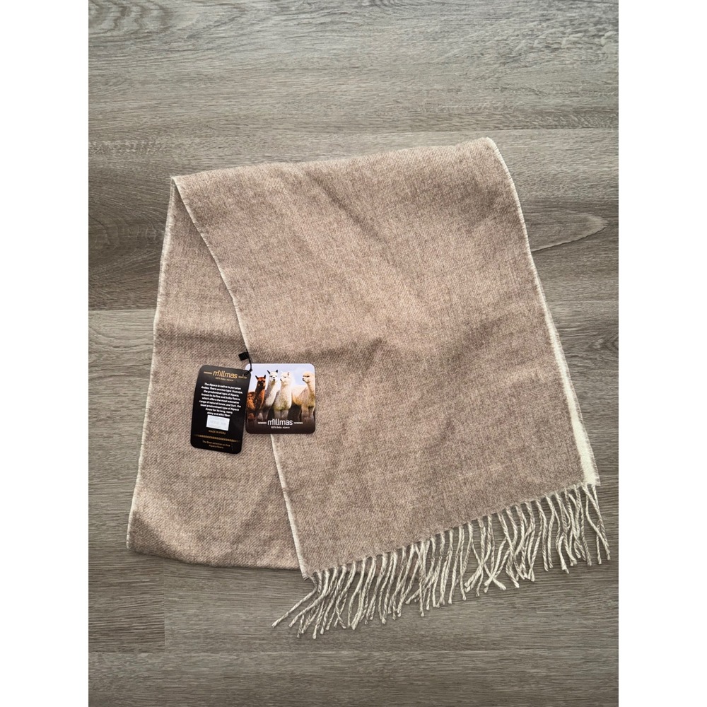 100% Baby Alpaca White Tan Scarf